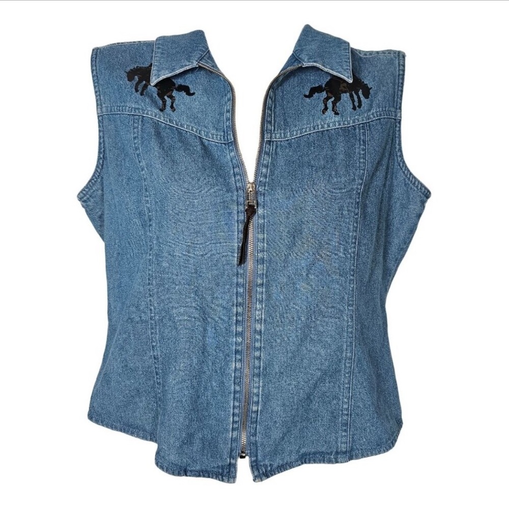 Vintage Wrangler Denim Sleeveless Vest With Horse Graphic Western Zip Size S